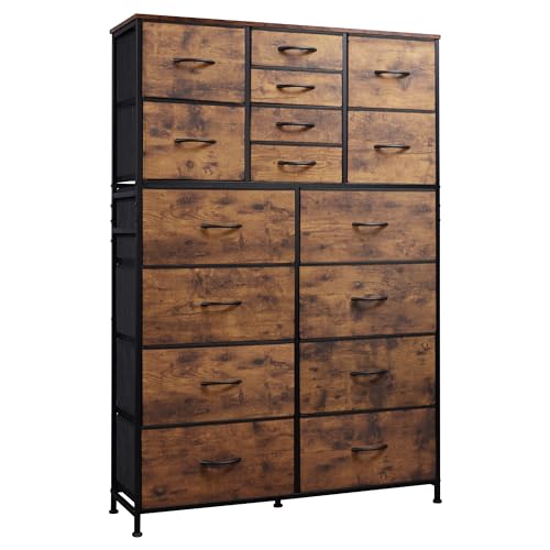 WLIVE 16 Drawers Dresser, Tall Dresser for Bedroom, Closet, Hallway, Storage Dresser Organizer unit, Large Dressers & Chests of Drawers with Fabric Bins, Rustic Brown Wood Grain Print WLIVE