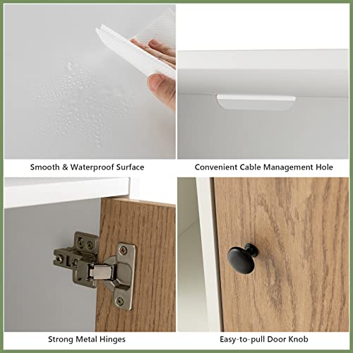 Tangkula Nightstand Set of 2, Wooden Sofa Side End Table with Bamboo Door & Open Compartments, Multifunctional 3 Tier Bedside Table for Bedroom, Accent Table with Storage (2, White) Tangkula