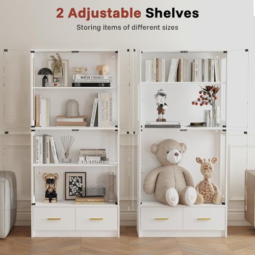 Lamtor Glass Display Cabinet with Doors - Curio Cabinet with Dynamic LED Lights for Collectibles, 67" Display Case with 4 Tier and Drawers for Figure, Toys, Books, White Lamtor