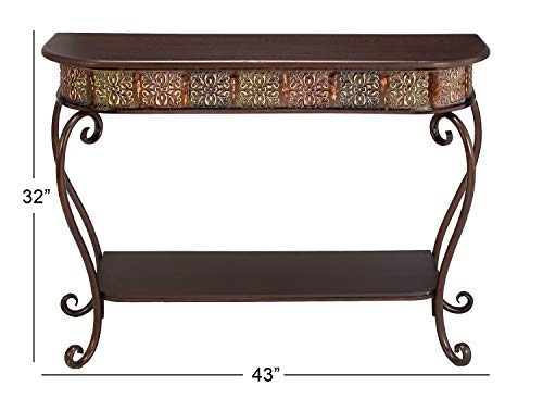 Deco 79 Metal Floral Embossed 1 Shelf Console Table with Ornate Scroll Legs, 43" x 14" x 32", Brown Deco 79