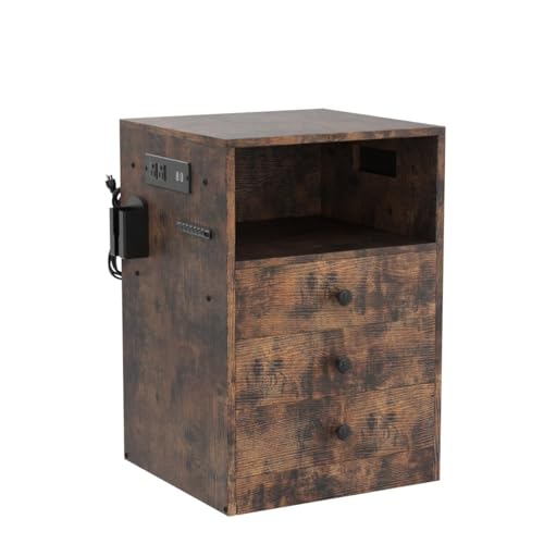 LIKIMIO Nightstand with Charging Station and 3 Drawers, LED Lights End Side Table with Interchangeable sockets and Hooks, Vintage Brown LIKIMIO