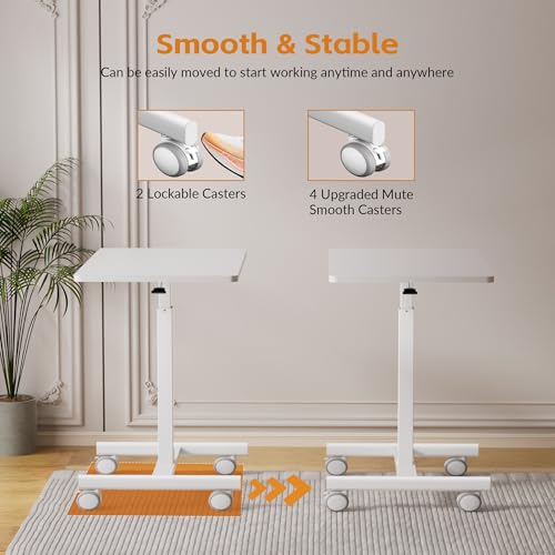 CROWNFURN Mobile Small Standing Rolling Desk Adjustable Height, Portable Laptop Desk on Wheels, Workstation for Home Office with Hook,White CROWNFURN