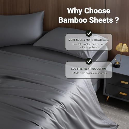 Shilucheng 4 Piece King Sheet Sets, Cooling Sheets, Blend Rayon Derived from Bamboo, Deep Pocket Up to 16", Breathable & Soft Bed Sheets, Hotel Silky Bedding Set, Dark Grey