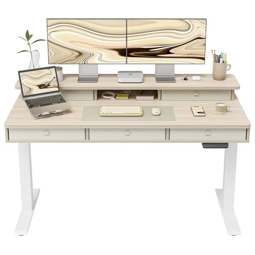 FEZIBO Height Adjustable Electric Standing Desk with 5 Drawers, 55 x 24 Inch Table with Storage Shelf, Sit Stand Desk White Frame/Light Walnut Top, 55 inch FEZIBO