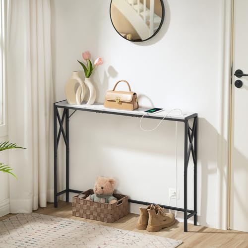 MAHANCRIS 39.4” Narrow Sofa Table with Charging Station, Skinny Console Table, Slim Entryway Hallway Couch Table, for Entrance, Foyer, Living Room, Hallway, Marble CTHM151E01 MAHANCRIS