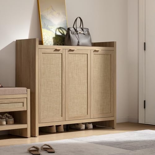 SICOTAS Shoe Storage Cabinet, 30 Pairs Rattan Shoe Cabinet Storage for Entryway, 6-Tier 41" Tall Large Shoe Cabinet, Boho Farmhouse Cabinet with Doors for Entryway Hallway Living Room, Light Oak SICOTAS