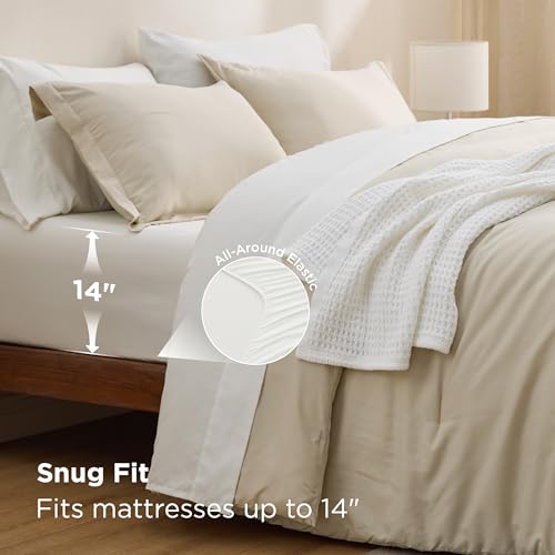 Bedsure Queen Comforter Set - 7 Pieces Beige Queen Bedding Set for All Seasons, Boho Contrasting Design Bed in a Bag with Comforter, Sheets, Pillowcases & Shams Bedsure