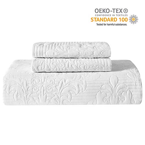 Hansleep White Quilt Queen Size - Damask Ultrasonic Summer Bedspread Queen, Soft Lightweight Coverlet Bedding Set, 3 Pieces (1 Quilt, 2 Pillow Shams) Hansleep