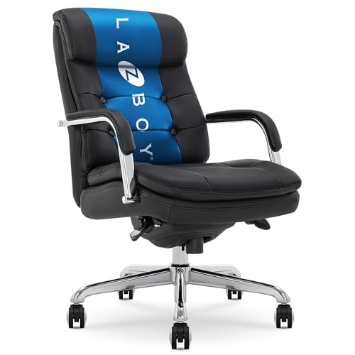 La-Z-Boy Sonata Executive Mid-Back Office Chair, Button-Tufted Seat and Back, Double-Layer Cushion, Padded Armrests, Ergonomic Computer DeskChair, Swivel Metal Base, Bonded Leather, Black/Chrome La-Z-Boy