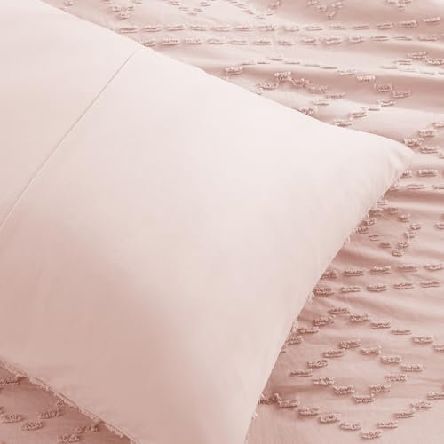 Comfort Spaces Comforter for Queen Size Bed, Geometric Diamond Tufted Boho Comforter Set Queen, All Season Lightweight Bedding Set, Matching Sham, Full/Queen Pink 3 Piece Comfort Spaces