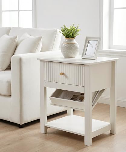 Aylenic Night Stand with Gun Drawer, Nightstand Gun Safe White and Gold Bedside Table Handgun Safe Modern Fluted Bedroom Organiser Storage, Side Table Living Room Simple Aesthetic End Table Aylenic