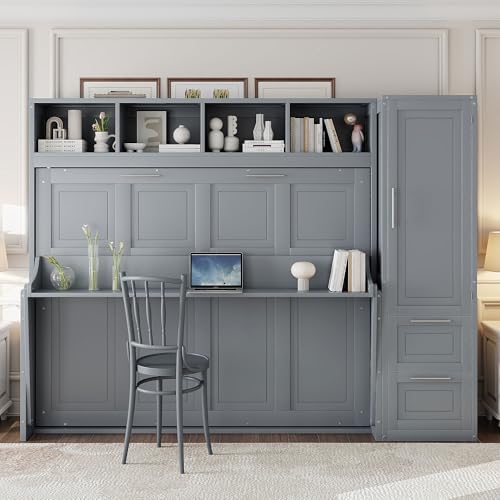 LZ LEISURE ZONE Full Size Murphy Bed with Closet and Drawers, Space-Saving Wall Bed with Storage, Ideal for Small Rooms, Apartments, or Home Offices, Gray LZ LEISURE ZONE