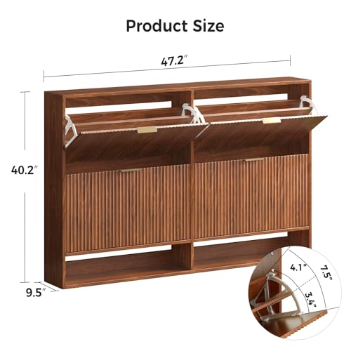 Hootata 47.2''W Walnut Shoe Storage Cabinet for Entryway with 4 Flip Drawers, Fluted Slim Shoe Cabinet, Free Standing Wooden Shoes Organizer for Foyer, Hallway Hootata