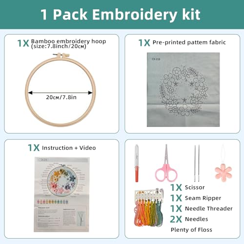 Herdiese Embroidery Kit for Beginners with Floral Garden Pattern – Easy Embroidery Kit Includes Stamped Fabric, 22 Stitches Guide, Cotton Thread, Hoop, Needles & Scissors – Craft Set