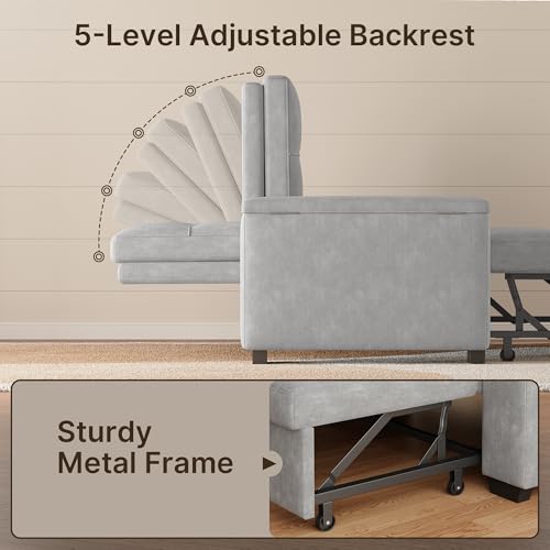 Gizoon Convertible Sofa Bed Futon, 70.9'' Sleeper Loveseat with Pull Out Couch, 3 in 1 Plush Fleece Fabric Futon Couch with Side Pockets, Storage Armrest & Adjustable Backrest for Living Room, Grey Gizoon