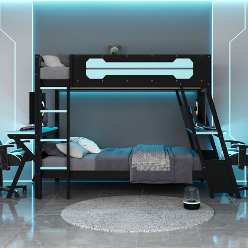 SOFTSEA Gaming Bunk Bed with Desk, Storage, Pegboard & Charging Station, Twin Over Twin Wood Bunk Bed with 2 Desks for Kids Teens & Adults, Space Saving, Black & Blue SOFTSEA