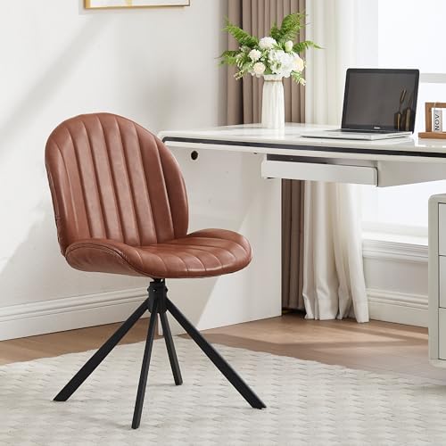 Relbiety 19" Faux Leather Swivel Office Chair No Wheels, Upholstered Armless Modern Desk Task Criss Cross Chair Legged No Wheels and No Arms, Swivel Vanity Chairs for Bedroom Office, Brown Relbiety