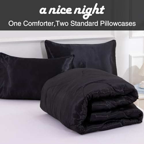 A Nice Night Satin Silky Soft Quilt Luxury Super Soft Microfiber Bedding Thin Comforter Set Full/Queen, Light Weighted (Black, Queen) A Nice Night