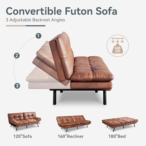AMICLIBER Futon Sofa Bed Convertible Couch, Brown Faux Leather Sofa Bed with Memory Foam, Adjustable Backrest & Armrests, Multifunctional Small Loveseat Sleeper Sofa for Living Room, Apartment, Office AMICLIBER