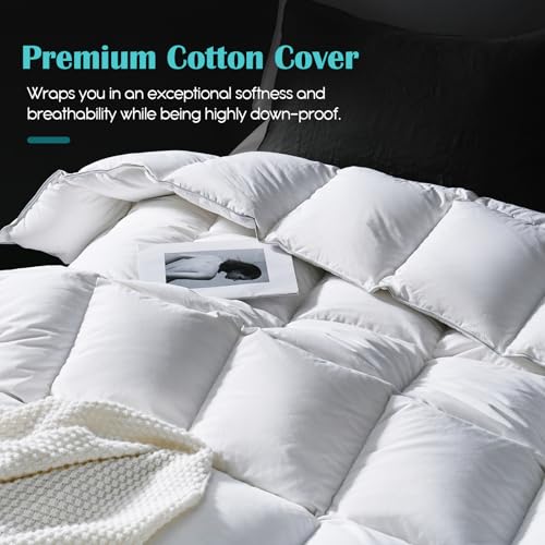 Yalamila Goose Feather Down Fiber Comforter Queen Size, 100% Cotton Ultra Soft Fluffy Duvet Insert Queen, All Season Luxurious Hotel Bedding Comforter with 8 Loops, White 90"x90" Yalamila