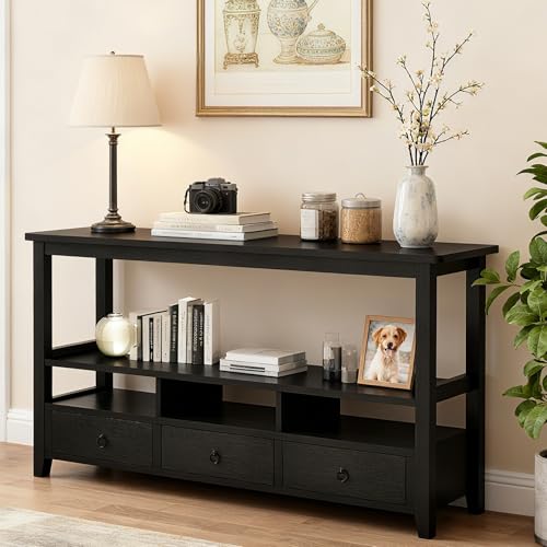 Karl home Console Table with 3 Bottom Drawers, 57.9" W Sofa Side Table Entryway Desk with 3 Storage Cubbies 1 Open Shelf, Vintage TV Stand for Hallway Living Room Office, Black 29.9" H Karl home