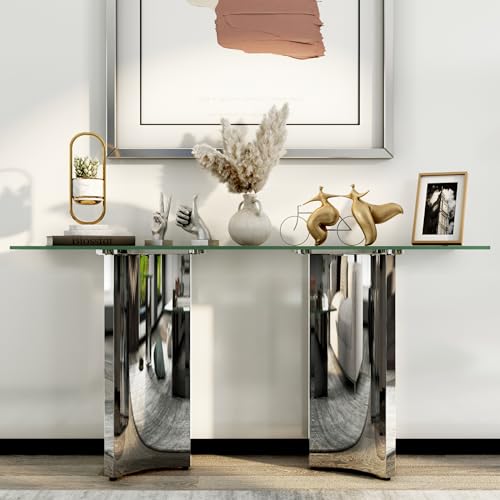 Asday Silver and Glass Console Table, 60 Inch Sofa Table, Silver Rectangle Entryway Table with Polished Mirror Base for Living Room, Hallway Asday