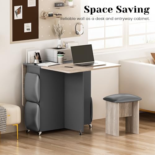 Lamerge Folding Dining Table Set for 4, Dinner Table with 4 Leather Chairs and Shelves, Space Saving Foldable Dining Table with 6 Wheels, Kitchen Table Set for Small Spaces (Grey) Lamerge