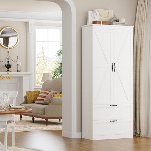 HOSTACK 70" Tall Kitchen Pantry Storage Cabinet, Barn Doors Pantry Cabinet with Drawers and Adjustable Shelf, Modern Farmhouse Storage Cabinet for Kitchen, Dining Room, Living Room, Bathroom, White HOSTACK