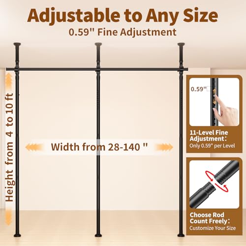 Room Divider for Room Separation,4-10ft(H) 28-140inch(W) Adjustable Temporary Privacy Wall Divider, Tension Curtain Rods No Drilling, Heavy Duty Partition Space Separator Freestanding,Black Daurore paw