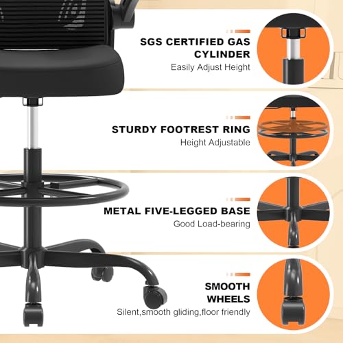 Ergonomic Drafting Chair, Tall Office Chair with Flip-up Armrests, Breathable Mesh High Desk Chair with Lumbar Support Adjustable Footrest Ring for Standing Desk Black Synorla