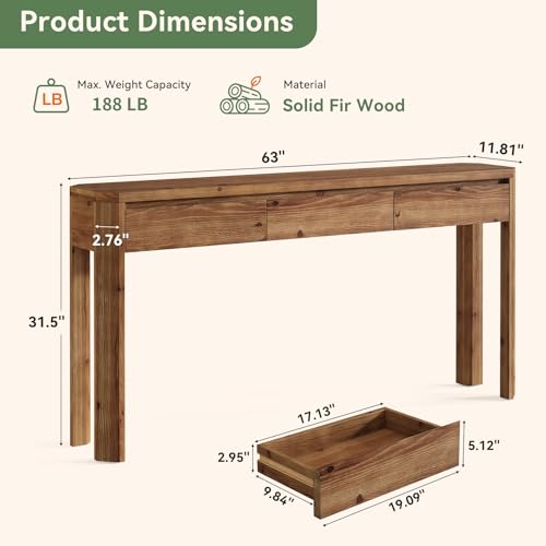 TRIBEWOOD Solid Wood Console Table with 3 Drawers, 63" Long Entryway Table with Rounded Corners, Narrow Sofa Table Behind Couch, Farmhouse Accent Table for Entrance, Hallway, Living Room, Rustic Brown TRIBEWOOD