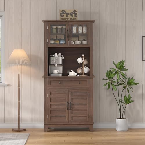 GarveeHome 72 in Tall Kitchen Pantry Cabinet, Kitchen Hutch Bar Cabinet with Microwave Stand, Cupboard with Drawers Glass Doors for Dining Room, White (Brown, 32" Wide) GarveeHome