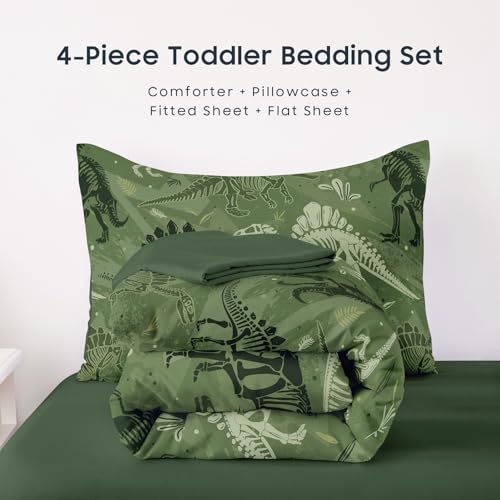 Wake In Cloud - Dinosaur Toddler Bedding Set for Boys, Colorful Dino Prehistoric Fossil, 4 Pieces Soft Crib Bed Set Including Comforter, Sheets and Pillowcase, Army Green Wake In Cloud