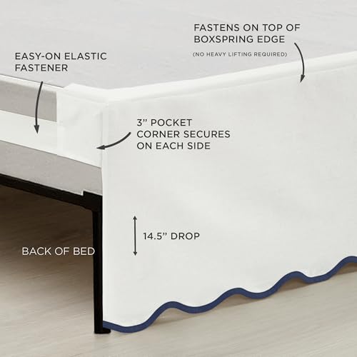 Lush Decor Coastal Chic Scalloped Edge Linen-Textured Bed Skirt Single, King Navy & White - White Bed Skirt King Size - Coastal Decor - Wrap Around Bed Skirt Lush Decor