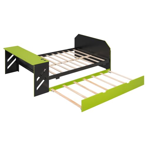 Harper & Bright Designs Full Size Gaming Platform Bed with Desk and Trundle, Wooden Daybed Frame with USB (Green) Harper & Bright Designs