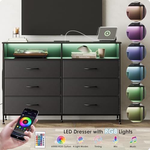 OtterOasis Dresser for Bedroom with LED Lights and Charging Station, Fabric Black Bedroom Dresser 6 Long Drawers Dressers, Tall Wide Chest of Drawers TV Stand OtterOasis