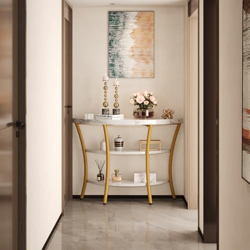 39.4" Console Table with Half Moon Wood Shelves, 3 Tier Modern Entryway Table with Curved Metal Frames, Narrow Sofa Couch Table for Hallway, Entrance, Living Room, Foyer, White Marble & Gold knoworld