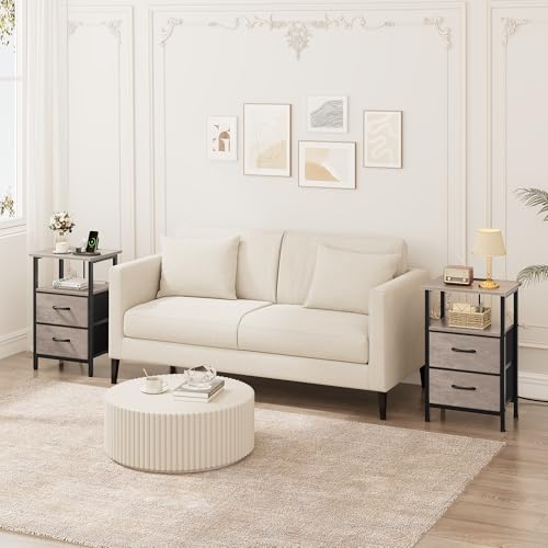 Vagusicc Night Stand Set 2, LED Nightstand with Charging Station, Bedside Table with USB Ports & Outlets, 24.2" Tall End Table with open Shelf, Bed Side Table with 2 Fabric Drawers for Bedroom, Greige Vagusicc