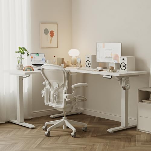 Agilestic 59 Inch L Shaped Standing Desk Adjustable Height, Electric Corner Standing Desk, Sit Stand Computer Table with Splice Board, White Agilestic
