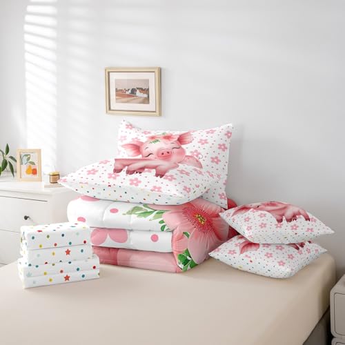 Erosebridal Cartoon Pig Bedding Comforter Sets 7 Pieces Pink Flower Floral Bed in a Bag, Cute Piggy Twin Bedding Sets Kawaii Farm Animal Comforter Set, Chic Blossoms Bedding Sets & Collections Erosebridal