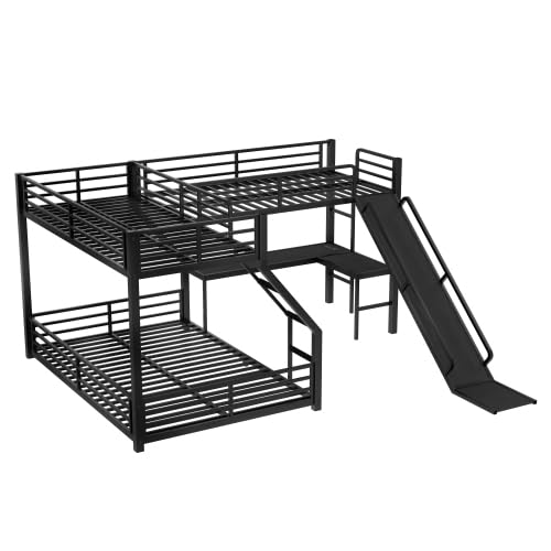 CITYLIGHT L-Shaped Metal Bunk Bed with Slide, Desk and USB Ports, 3 in 1 Twin XL Over Queen Bunk Bed for Kids Teens, Black CITYLIGHT