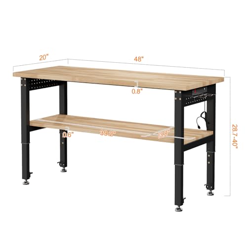 SPECRAFT 48"x20" 2-Tier Adjustable Workbench with 4 AC Outlet and 2 USB Ports Power Outlets, 2500 Lbs Capacity Heavy Duty Workbench, Rubber Wood Top for Garage, Workshop, Office SPECRAFT