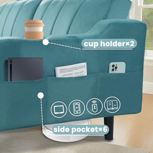 Chfeloai 80" Velvet Futon Sofa Bed, Convertible Sleeper Loveseat with Cup Holders & Storage Pockets, Mid Century Modern Couch for Living Room, Bedroom, Office, Small Space (Teal Blue) Chfeloai