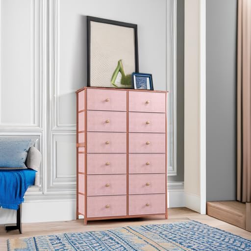 EnHomee Dresser with 12 Drawers, Tall Dressers for Girls Bedroom with Wood Top Metal Frame, Chest of Drawers for Bedroom, Closets, Pink, 11.9" D x 34.8" W x 52.2" H EnHomee