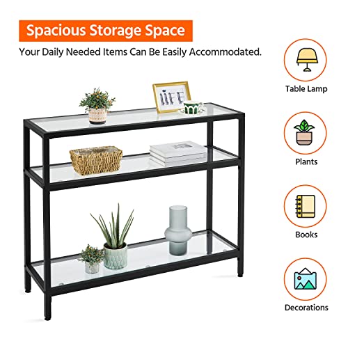Yaheetech 39.5" Console Table with 3 Storage Shelves,Tempered Glass Sofa Table, Modern Entryway Tables with Metal Frame for Hallway Living Room Bedroom, Easy Assembly, Black Yaheetech