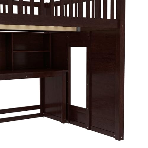 Bellemave Full Loft Bed with Stairs and Movable Desk and Shelves, Wood Loft Bed with Storage Stairs for Kids, Teens, Adults, Espresso Bellemave