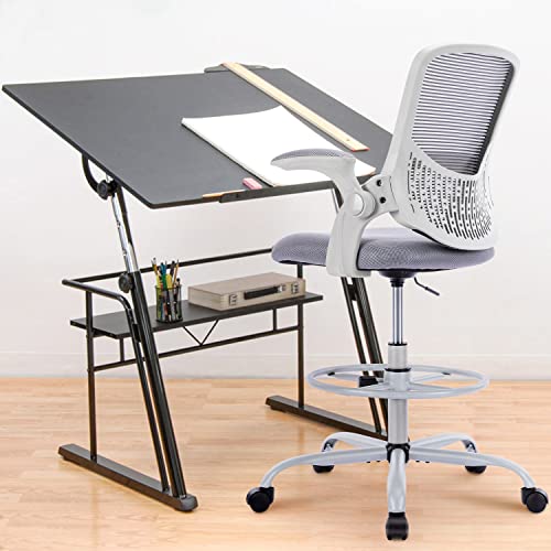 Tall Office Chair, Drafting Chair, Standing Desk Chair, High Adjustable Office Mesh Chair, Ergonomic Counter Height Computer Rolling Chair with Flip-up Armrests and Foot-Ring for Bar Height Desk edx
