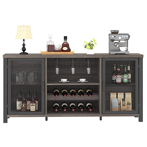 Launica Liquor Bar Cabinet, Industrial Wine Bar Cabinet, Rustic Sideboard Buffet Cabinet for Liquor, Glasses & Coffee Bar with Storage Rack for Home Kitchen Dining Room, Dark Grey Oak, 55 In Launica