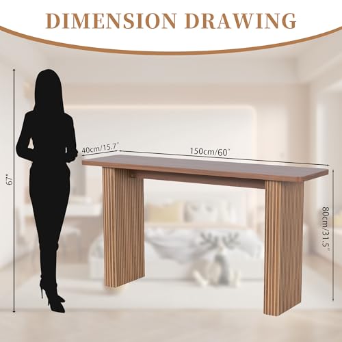 Fluted Narrow Console Table, Mid Century Modern Long Entryway Table, Farmhouse Entry Way Couch Table Behind Sofa, Easy Assembly, 60 Inch, for Living Room, Hallway, Entrance, Wooden, Walnut Xyulmeo