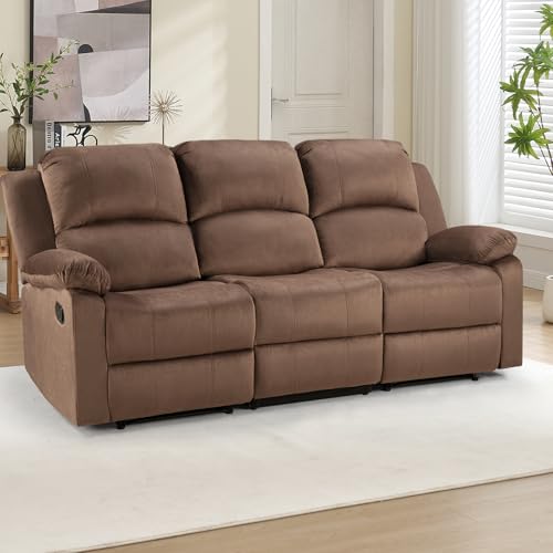 EBELLO 3 Seat Recliner Sofa for Living Room, Soft Microfiber Reclining Couch with Overstuffed Arms and Backrest for Home and Office, Brown